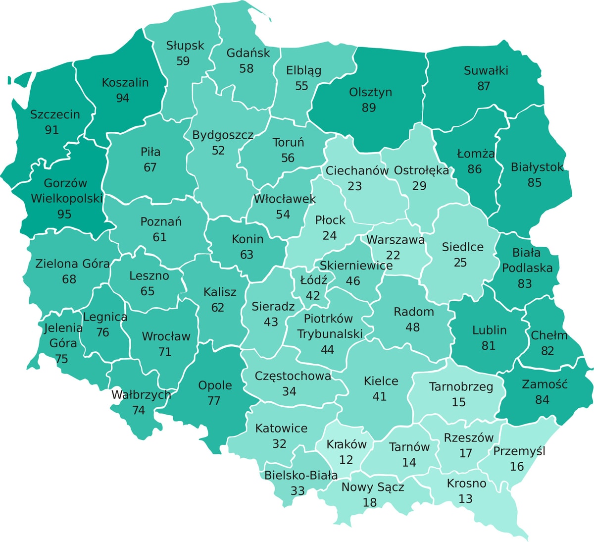 Mapa stref numeracyjnych w Polsce (worldGSM.pl)